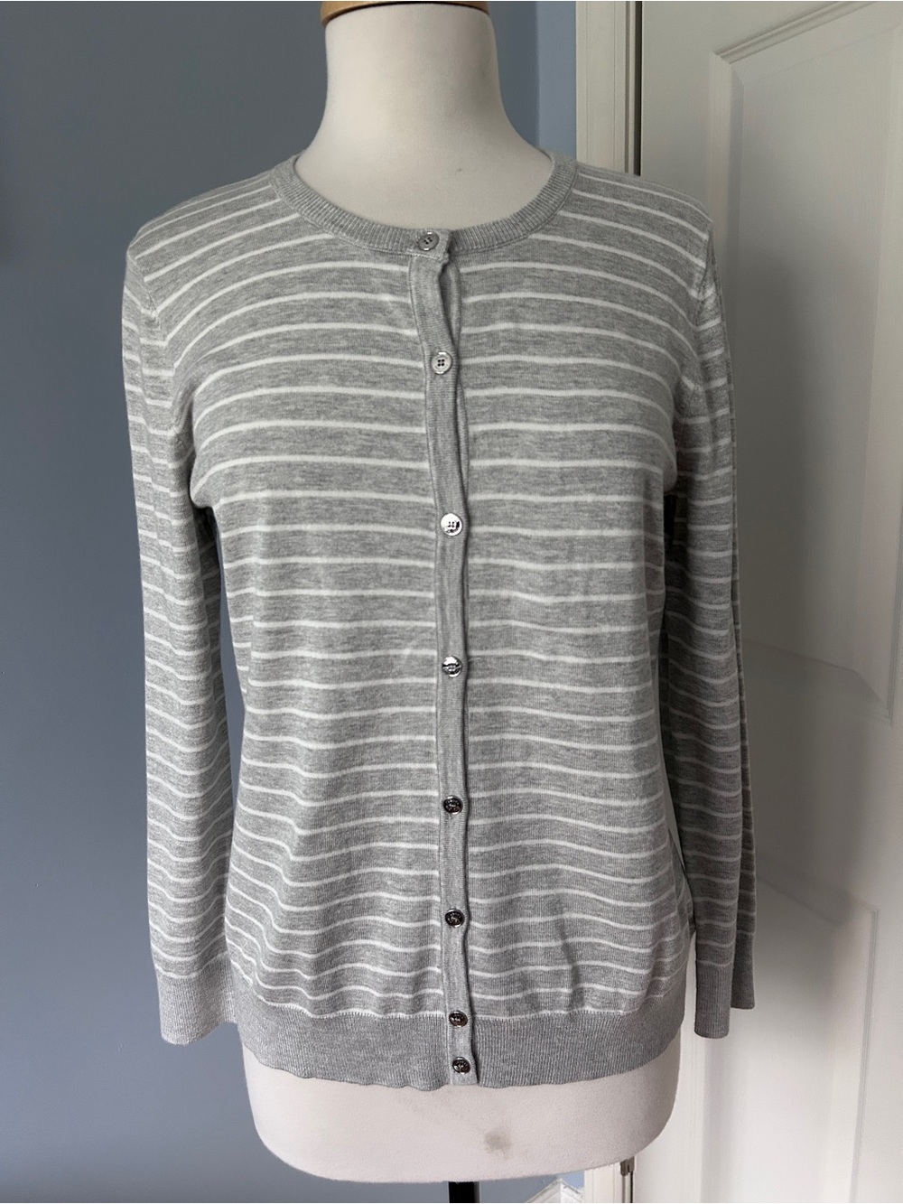 Jones New York Gray and White Striped Button-Front Cardigan
